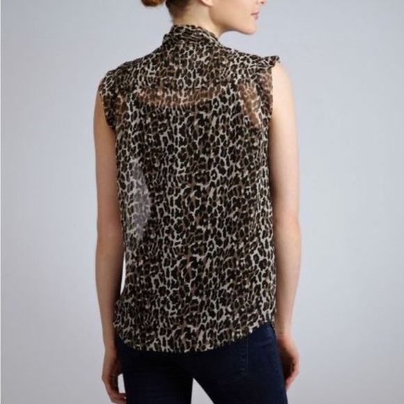 French Connection Sheer Leopard Sleeveless Tie Neck Top - Picture 2 of 6